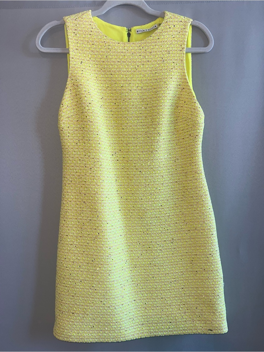 Alice + Olivia Clyde Neon Yellow Tweed Sequin Shift Mini Dress Size 2